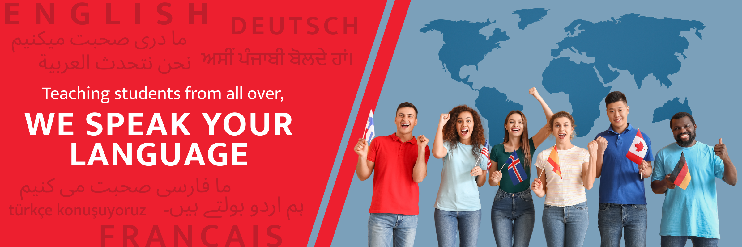 smiling people holding different country flags with a map of the world in the background